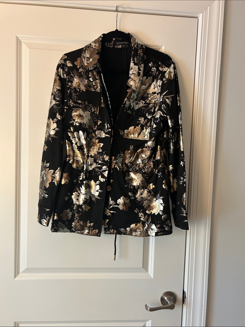 Boston Proper Black Floral Metallic Utility Jacket